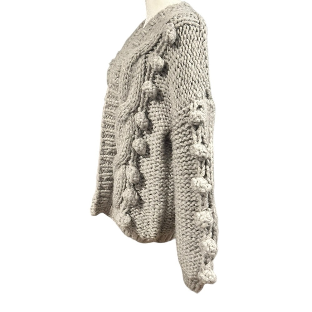 HUMMINGBIRD Gray Open Sweater Pom Pom Chunky Knit Cardigan One Size Oversized - Picture 3 of 7
